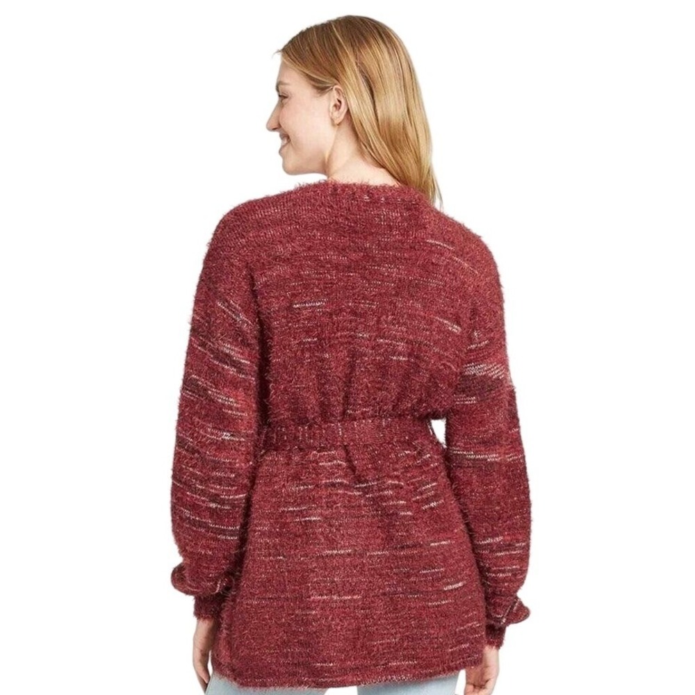 Knox Rose Burgundy‎ Space Dye Eyelash Knit Belted Cardigan Sweater Womens XL - Picture 2 of 11